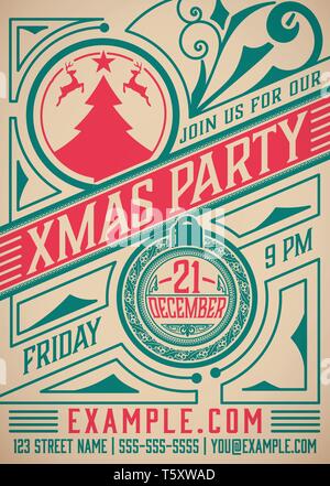 Retrò Christmas party poster. Vacanze flyer design. Illustrazione Vettoriale. Illustrazione Vettoriale