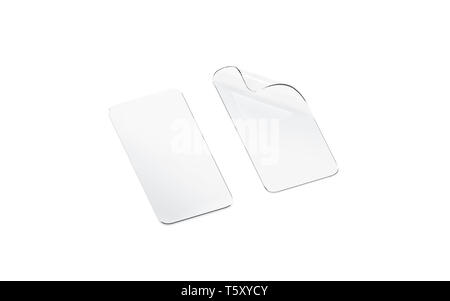 Bianco trasparente curvo pellicola di protezione e vetro per la schermata Telefono isolato, rendering 3d. Protezione vuota per il display dello smartphone mockup, vista laterale. Foto Stock