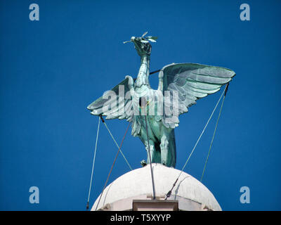 Un fegato Bird sul Royal Liver Building, una delle tre grazie a Liverpool storiche, patrimonio mondiale UNESCO waterfront Foto Stock