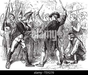 Soldati combattono con spade e pistole, vintage disegno della linea di incisione o illustrazione Illustrazione Vettoriale