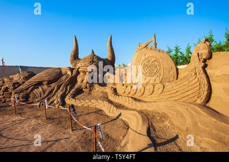 ANTALYA, Turchia - 12 settembre 2014: Sandland o la scultura di sabbia Museum è un museo a cielo aperto situato presso la spiaggia di Lara nella città di Antalya in Turchia Foto Stock