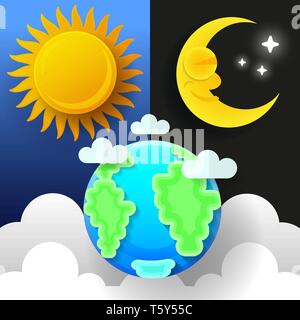 Il sole, la luna e le stelle. Giorno e Notte Banner vettore isolato. Illustrazione Vettoriale
