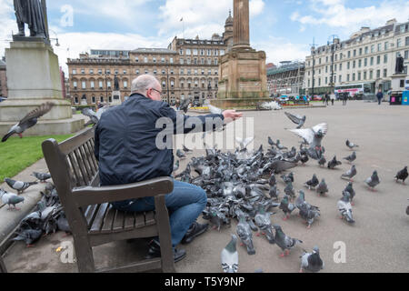 Glasgow, Scotland, Regno Unito. Xxvii Aprile, 2019. Regno Unito Meteo. Un uomo seduto su un banco alimentare i piccioni in un assolato pomeriggio a George Square. Credito: Berretto Alamy/Live News Foto Stock