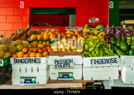 Una buona selezione di frutta fresca locale e le verdure sul display nella parte anteriore di un rosso parete dipinta a St John's Market, Antigua Foto Stock