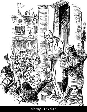 Un uomo di dare la parola alla folla, vintage disegno della linea di incisione o illustrazione Illustrazione Vettoriale