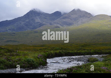 Brughiere, boglands, peatlands, valli e colline nell'isola di Skye in Scozia Foto Stock