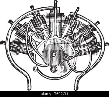 Motore a gas è un motore a combustione interna che funziona su un gas combustibile, vintage disegno della linea di incisione o illustrazione. Illustrazione Vettoriale