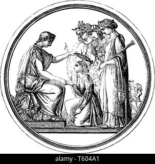 Britannia a coronamento di una donna in piedi dietro la donna in ginocchio, vintage disegno della linea di incisione o illustrazione. Illustrazione Vettoriale