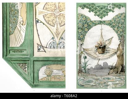 La sala da pranzo, decorazione dettagli: 1 soffitto 2 pannello decorativo. Vintage Art Nouveau illustrazione dagli interni moderni 1900 Foto Stock