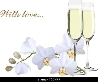 Due bicchieri di champagne e un ramo di orchidee bianche Illustrazione Vettoriale