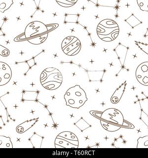 Vettore di Seamless pattern con costellazioni, pianeti Saturno, la cometa. Esplorazione dello spazio. Astronomia. La scienza. Design per applicazioni di astronomia, siti web, stampa Illustrazione Vettoriale