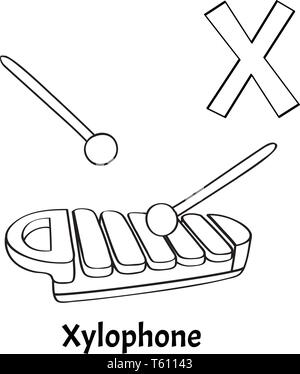 Alfabeto di vettore lettera X, la colorazione pagina. Xilofono Illustrazione Vettoriale