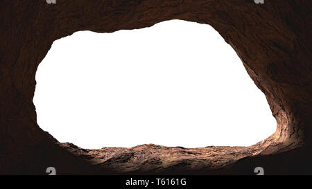 Apertura grotta, misterioso den entrata nella luce brillante, rendering 3d isolati su sfondo bianco Foto Stock