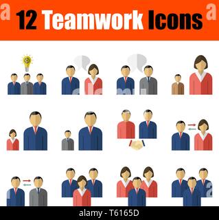 Set di 12 icone sul tema del lavoro di squadra. Design piatto. Completamente modificabile illustrazione vettoriale. Testo espanso. Illustrazione Vettoriale