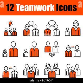 Set di 12 icone sul tema del lavoro di squadra. Linea sottile con disegno arancione. Completamente modificabile illustrazione vettoriale. Testo espanso. Illustrazione Vettoriale