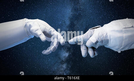 Due vicino a toccare le mani in tute spaziali, "Dio tocca Adam' pongono (spazio 3D illustrazione, gli elementi di questa immagine sono arredate dalla NASA) Foto Stock