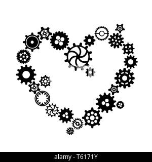 Un sacco di nero diverse sagome di ruote dentate a forma di cuore, meccanismo di steampunk isolato su bianco Illustrazione Vettoriale