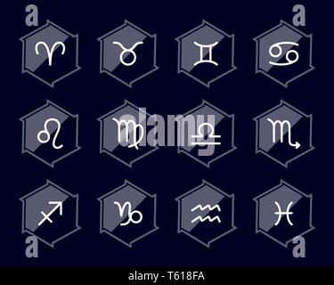 Impostare segno zodiacale. Piatto scuro delle icone per sito web o app. Elegante emblemi del vettore per il design. Elemento di semplice illustrazione. Illustrazione Vettoriale