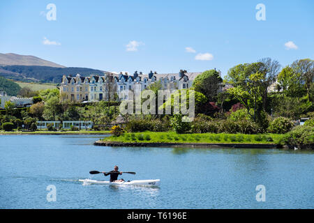 L'uomo solo in kayak sul lago Mooragh in estate. Mooragh Park, Ramsey, Isola di Man e Isole britanniche, Europa Foto Stock