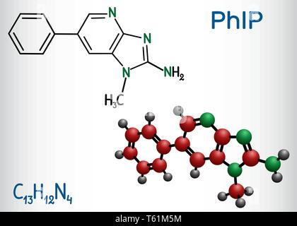 PhIP ( 2-ammino-1-metil-6-phenylimidazo(4,5-b)piridina molecola). È una delle ammine eterocicliche (HCA) nella carne cotta. Formula chimica di struttura Illustrazione Vettoriale