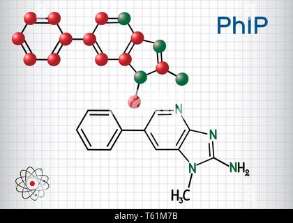 PhIP ( 2-ammino-1-metil-6-phenylimidazo(4,5-b)piridina molecola). Formula chimica di struttura e la molecola modello. Foglio di carta in una gabbia.illu vettore Illustrazione Vettoriale