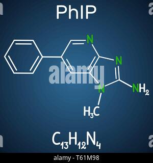 PhIP ( 2-ammino-1-metil-6-phenylimidazo(4,5-b)piridina molecola). Formula chimica di struttura e modello di molecola su sfondo blu scuro. Vettore i Illustrazione Vettoriale