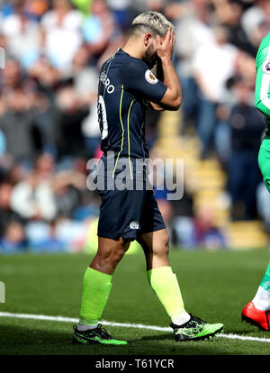 Manchester City Sergio Aguero sembra sconsolato durante il match di Premier League a Turf Moor, Burnley. Foto Stock