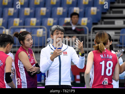 Tianjin, Cina. 28 apr, 2019. Kwan Wing Sang (C), pullman di cinese di Hong Kong International volley club dà istruzioni durante il 2019 donne asiatiche del volley Club Championship Pool un match tra cinese di Hong Kong International volley club e Kazakhstan del VC degli Altai club nel nord della Cina di Tianjin, 28 aprile 2019. (Xinhua/Yue Yuewei) Credito: Xinhua/Alamy Live News Foto Stock