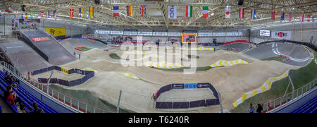 Ciclismo nazionale Centre, Manchester, UK. 28 apr, 2019. UCI BMX Supercross World Cup, giorno 2; multi-frame foto panoramica della Manchester BMX via prima della seconda giornata di concorrenza Credito: Azione Sport Plus/Alamy Live News Foto Stock