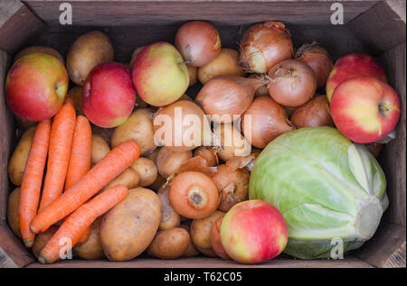 Seelow, Germania. 27 apr, 2019. Una scatola di legno contiene la frutta e la verdura, come carote, patate, cipolle, mele e un cavolo bianco. Credito: Patrick Pleul/dpa-Zentralbild/ZB/dpa/Alamy Live News Foto Stock