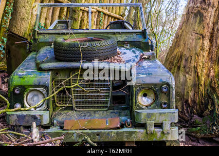 Vecchia jeep distrutto in una foresta, abbandonato il veicolo, decorazioni di safari Foto Stock