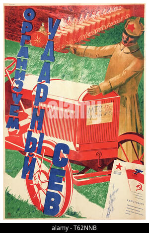 Vintage Soviet russo URSS agricoltura prodotti alimentari programma alimentare poster di propaganda 1930. "Cerchiamo di organizzare la semina dinamica". Foto Stock