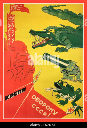 Vintage russo degli anni trenta poster di propaganda, che illustra la fase di pre-guerra minaccia della Germania nazista. I termini " cinque anni " piano in quattro anni". "Rafforzare la difesa dell'URSS!' Foto Stock