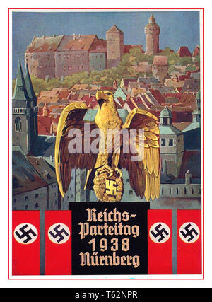 Vendemmia 1930 nazista Propaganda Postcard Poster REICHSPARTEITAG NORIMBERGA che illustra Swastika Striscioni & aquila tedesca che stipano un simbolo Swastika oro Nurnberg Castello Norimberga NSDAP festa convention 1938 Foto Stock