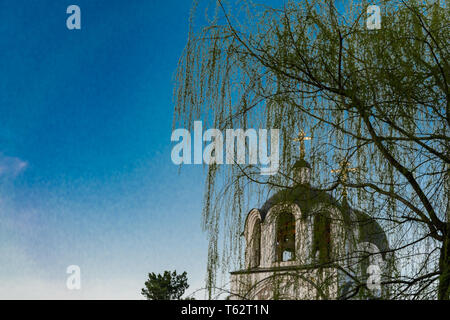 Chiesa cristiana contro il cielo blu e i rami di salici attraverso i rami di salici Foto Stock