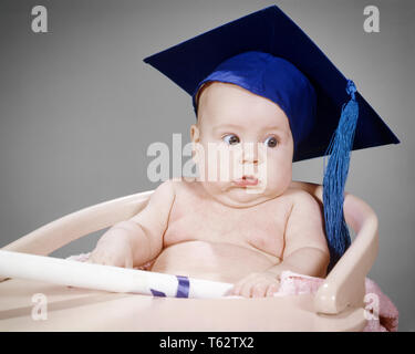 Anni sessanta BABY indossando il cappuccio di graduazione e Diploma di contenimento con la divertente espressione facciale - KB3092 HAR001 HARS spazio copia a metà lunghezza dei simboli di pianificazione la laurea CHUBBY espressioni obiettivi successo divertente sopraffatti e spese comico concetto concettuale commedia MORTARBOARD simbolico concetti stupito il novellame sorprendente allarmato bambina cappello e abito di etnia caucasica costo costoso HAR001 in vecchio stile di rappresentazione Foto Stock