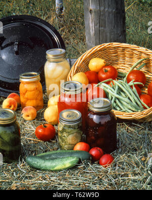 Anni Settanta le conserve di conserve di frutta e verdura in vasetti di vetro Pesche Pere PRUGNE POMODORI FAGIOLINI batte cetrioli - kf17903 PHT001 HARS naturale concettuale semplice ancora la vita di imbottigliamento di ebollizione Pomodori Cetrioli FAGIOLINI FRUTTA vasetti di vetro in casa vasi preservando le prugne Barbabietole di base in vecchio stile conserve Foto Stock