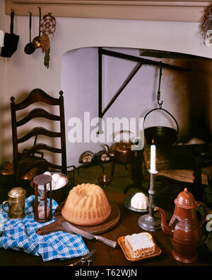 1770s coloniale americana Food still life pane miele burro Uova camino cucina DEL VESCOVO CASA BIANCA Philadelphia PA USA - kf38891 FRT001 HARS 1770s tovaglioli vescovo GHISA PREPARAZIONE ALIMENTARE in vecchio stile Foto Stock