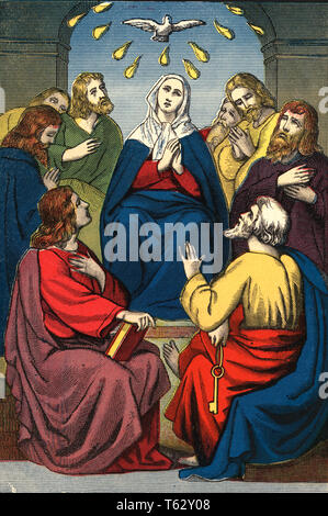 1880 ILLUSTRAZIONE LA DISCESA DELLO SPIRITO SANTO colomba bianca vergine Maria apostoli di Gesù Cristo la Pentecoste - kr132240 CPC001 HARS in vecchio stile Foto Stock