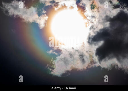 La rifrazione crea un arcobaleno, alo, o 'sundog' intorno al sole; Central Colorado; USA Foto Stock