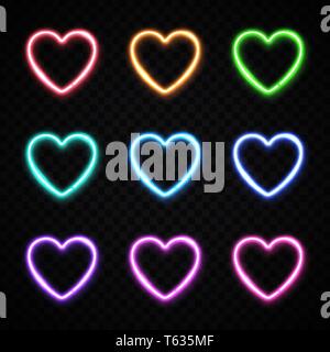 Coloratissima collezione cuori in moderno stile al neon. Illustrazione Vettoriale