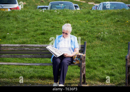 Titolare di pensione o di rendita seduta su una panchina e la lettura di un quotidiano Irvine Beach -Gailes Beach-North Ayrshire, in Scozia Foto Stock