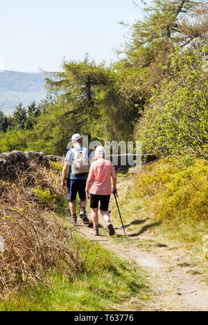 L uomo e la donna giovane di due persone a piedi lungo la strada Nidderdale una lunga distanza sentiero nel Yorkshire Dales in Inghilterra, Regno Unito Foto Stock