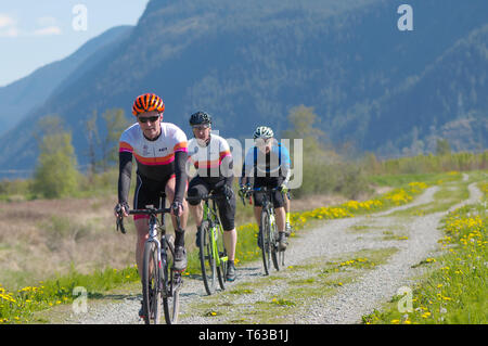 Aprile 28, 2019 Rock Ridge Volume 1 gara ciclistica in Maple Ridge, British Columbia, Canada. I ciclisti in sella lungo un dicco di ghiaia. Foto Stock