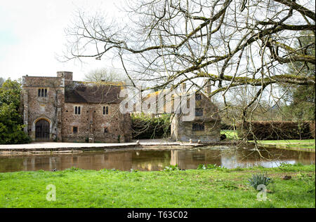 Vista della bellissima Tudor Cathay Manor nel Somerset (UK) da attraverso uno stagno, con rami di alberi in primo piano. Foto Stock