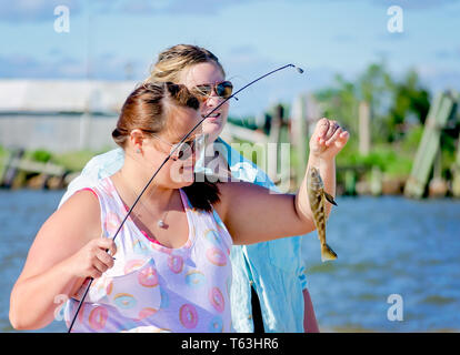 Una donna può contenere una massa triglia su un gancio di pesce, Aprile 14, 2019, il Bayou La Batre, Alabama. Foto Stock