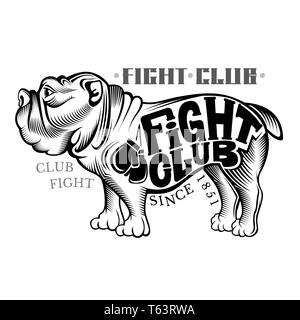 Bulldog lateralmente in piedi in stile di incisione con fight club scritte nero su bianco Illustrazione Vettoriale