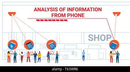 Negozio al dettaglio visitatori smartphone utilizzando una telecamera di sicurezza TVCC analisi di sistema informazioni dal concetto di telefono moderno centro commerciale interno Illustrazione Vettoriale