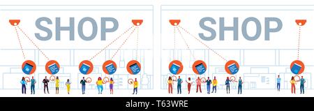 Negozio al dettaglio visitatori smartphone utilizzando una telecamera di sicurezza TVCC analisi di sistema informazioni dal concetto di telefono moderno centro commerciale interno Illustrazione Vettoriale