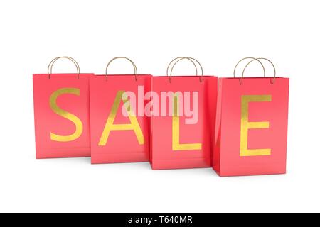 3d illustrazione: Rosa pacchetti con la scritta in oro lettere "ALE", isolata su sfondo bianco, carta shopping bag piena di acquisti. Vendita al dettaglio Foto Stock